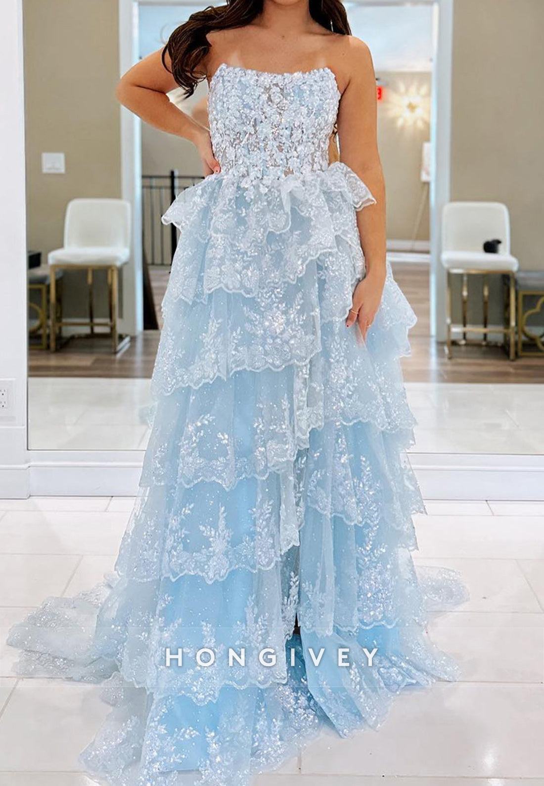 Spakle Bateau Tulle Tiered Ruffles Sequined Aline Evening Prom Dress Ball Gown