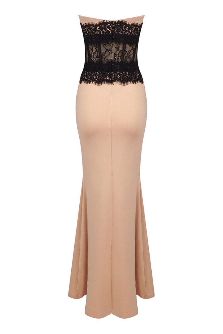 Lavish Sweetheart Contrast Lace Corset Jersey Fishtail Evening Maxi Dress