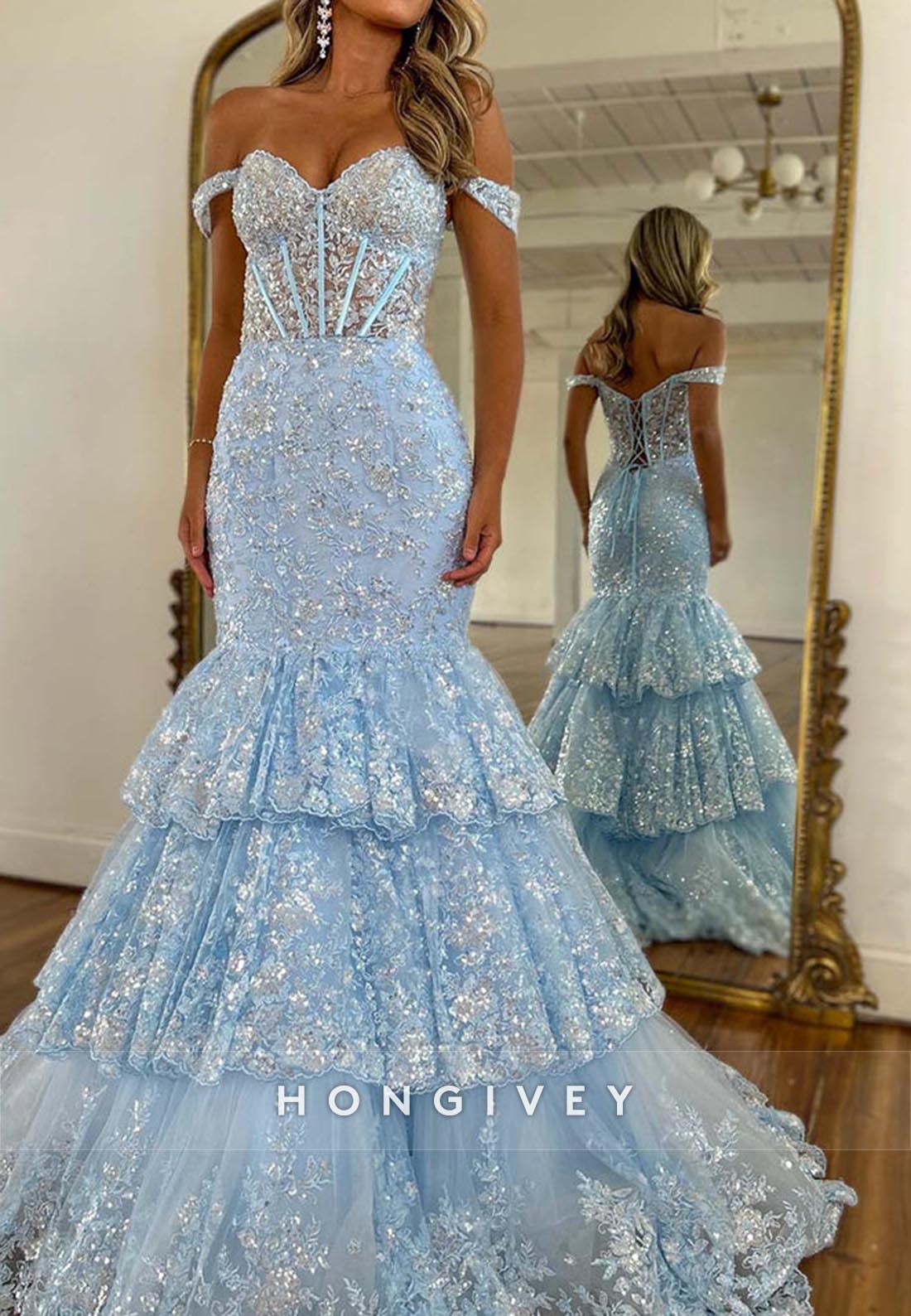 Sky Blue Offshoulder Long Lace Appliques Prom Dresses