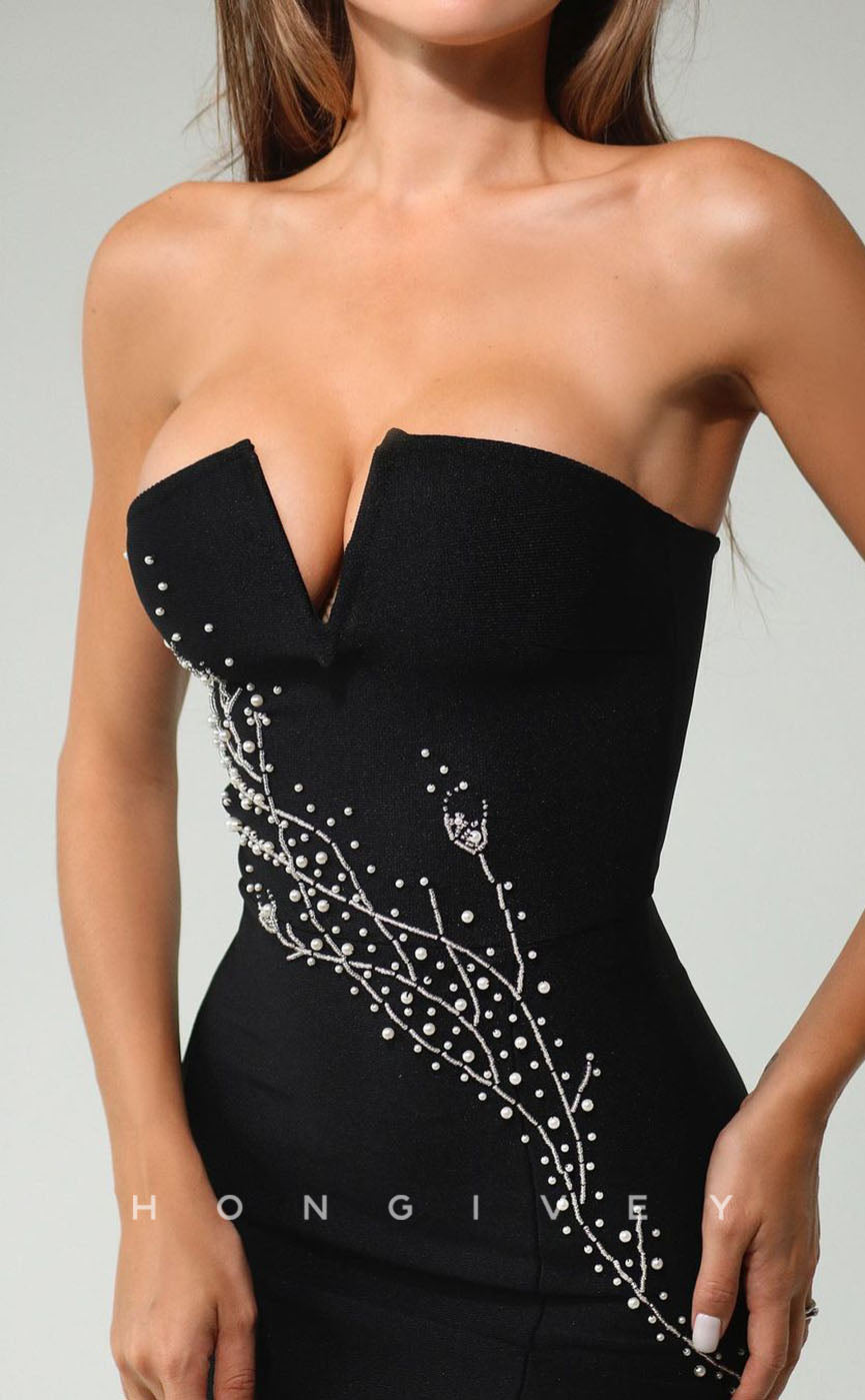 H Sexy Fitted Strapless Beaded Appliques With Side Slit Party/Homecoming Dress