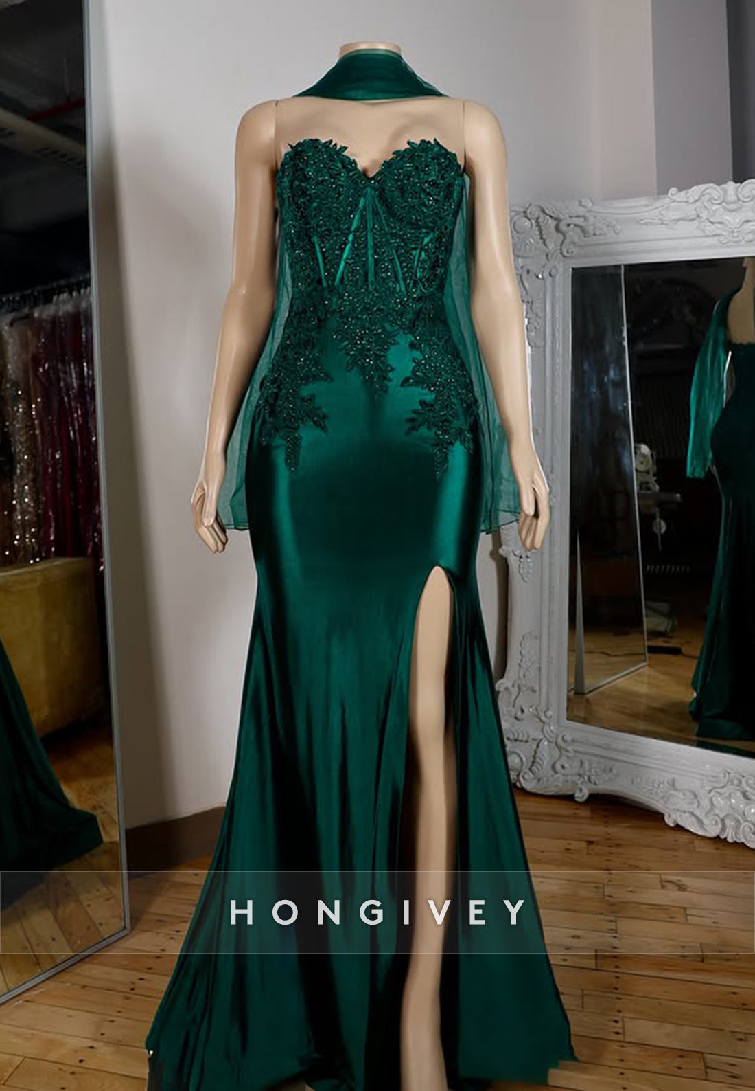 Applique Dark Green Satin Mermaid With Slit Evening Dress Formal Prom Gown