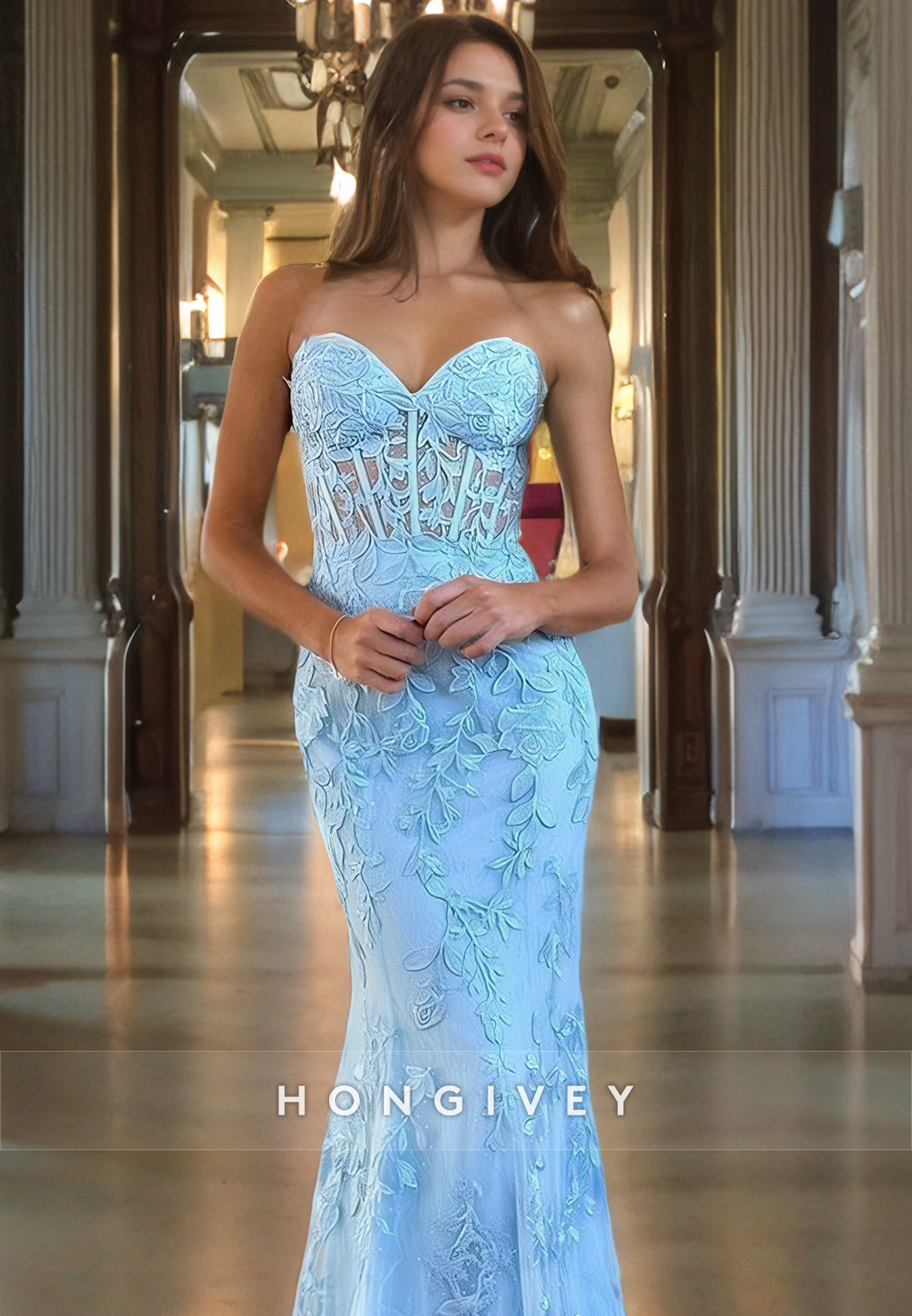 Sparkly Fully Lace Embroidered Illusion Strapless Mermaid With Train Evening Formal Party Prom Dress