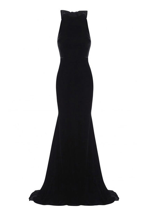 Regal Crew Neck Bow Cut Out Back Sleeveless Fishtail Evening Maxi Dress