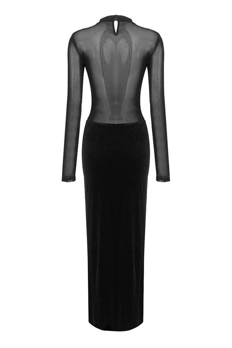 Sexy Sheer Mesh Mock Neck Bustier Long Sleeve Velvet Evening Maxi Dress