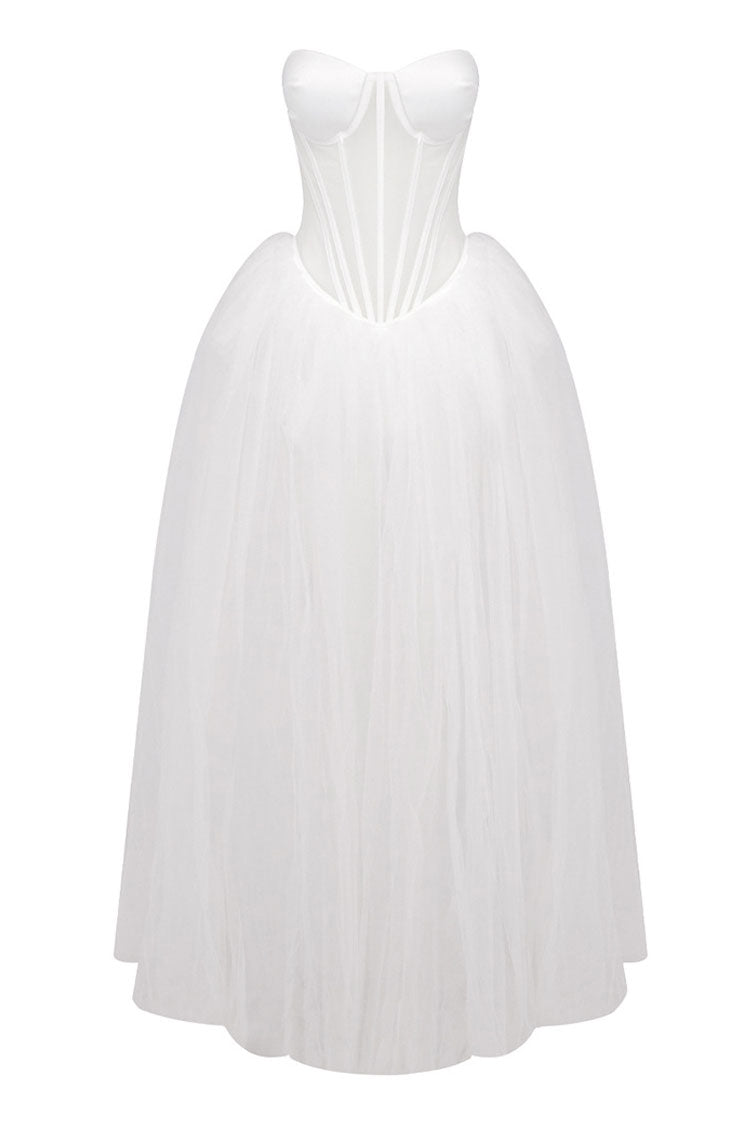 Sexy Sweetheart Neck Strapless Sheer Corset Drop Waist Tulle Maxi Dress