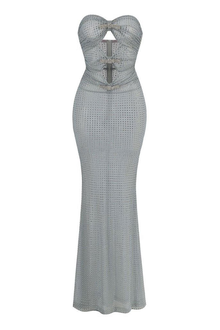 Shiny Crystal Bow Cutout Strapless Sheer Mesh Mermaid Evening Maxi Dress