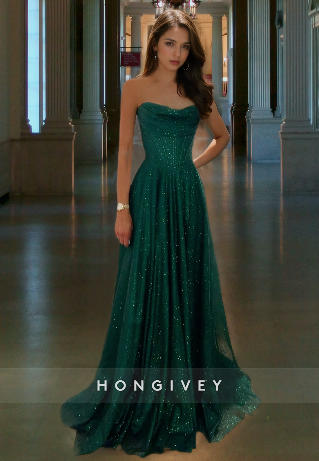 Sparkly Strapless Dark Green Glitter Aline Cocktail Dress Floor Length Graceful Prom Dresses