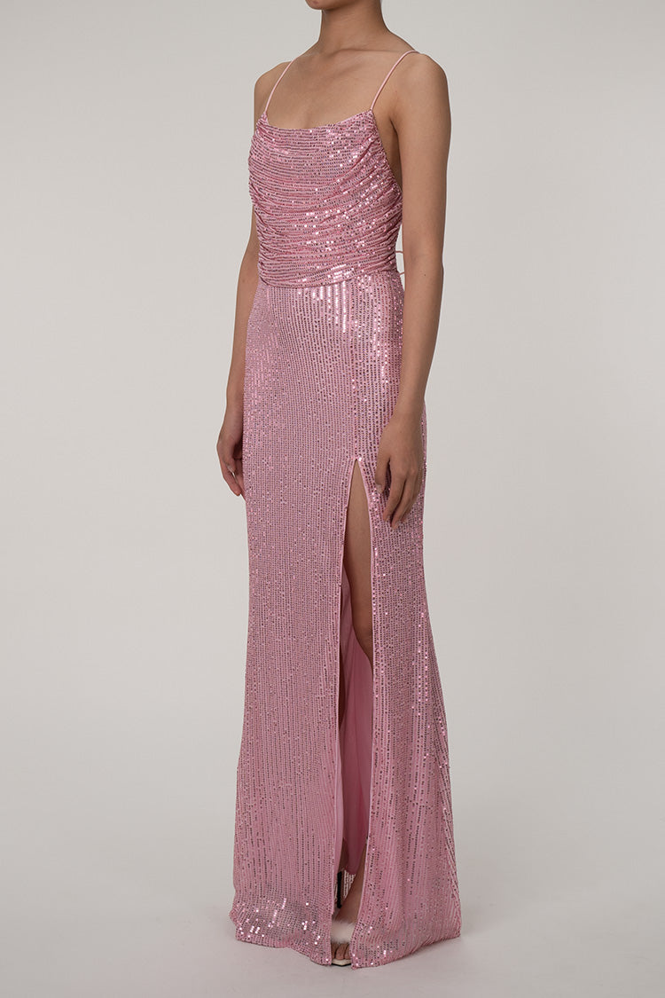 Sparkly Cowl Neck Lace Up Back High Slit Sequin Prom Maxi Dress - Pink