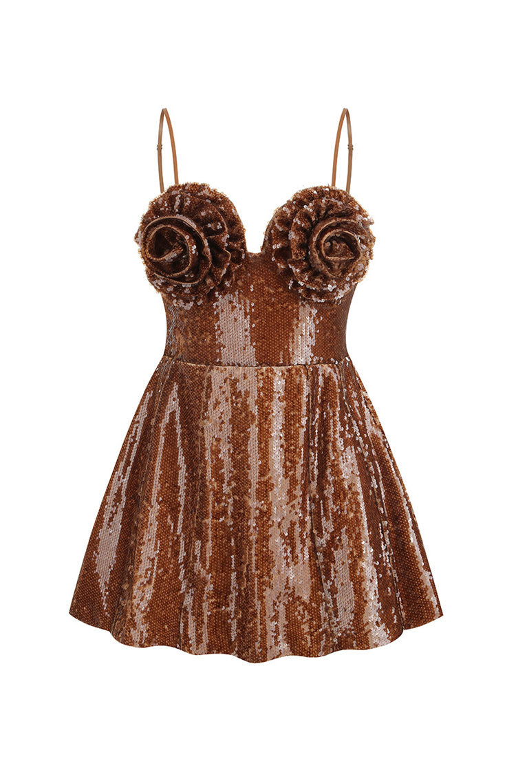 Sparkly Rosette Applique Spaghetti Strap Fit & Flare Sequin Party Mini Dress