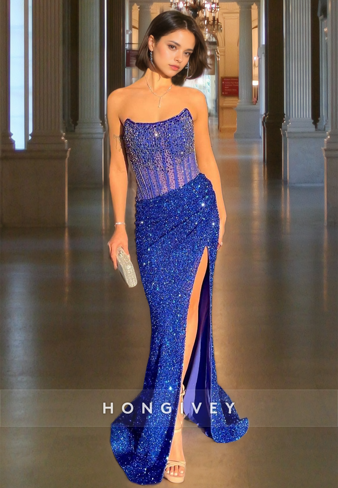 Glitter Strapless Formal Evening Dress Sequined Royal Blue Party Dress Prom Gown