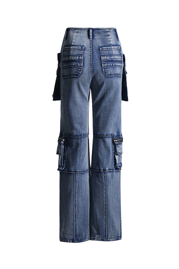 Unique Distressed Trim Cargo Pocket High Waist Full Length Straight Jeans