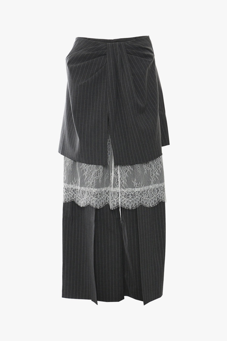 Unique Striped Print Ruched Split Lace Wide Leg Layered Skirts Over Pants