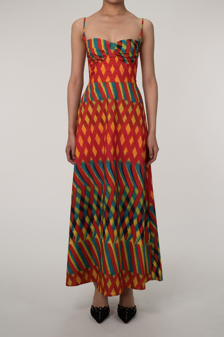 Vibrant Geometric Print Bustier Smocked Beach Vacation Maxi Sundress