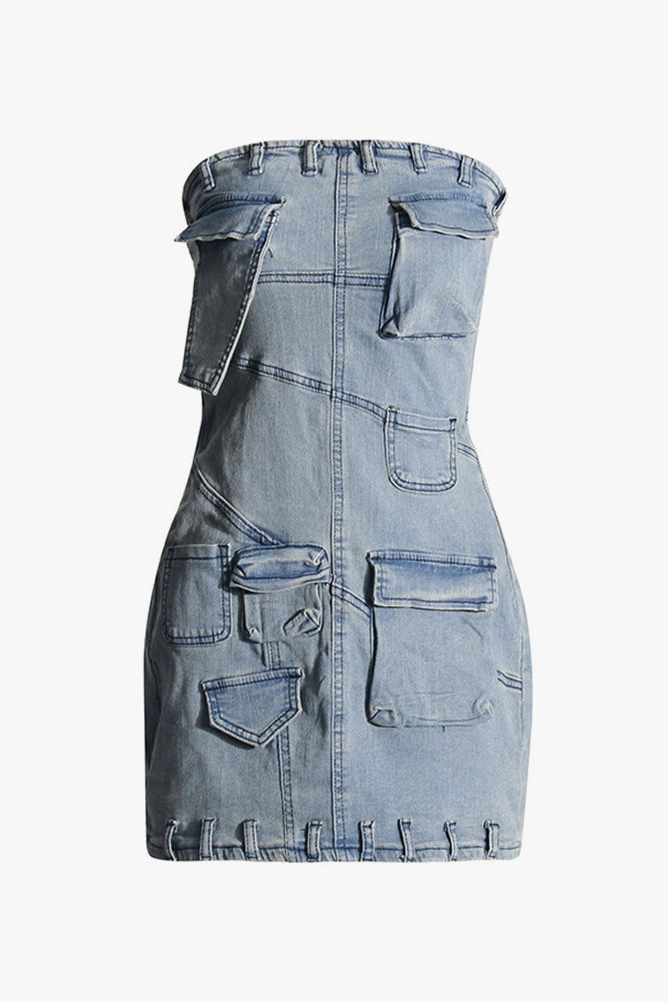 Vintage Belt Loop Trim Cargo Pocket Bodycon Strapless Denim Mini Dress