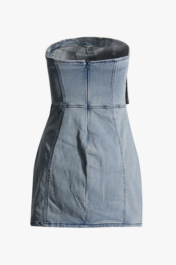 Vintage Belt Loop Trim Cargo Pocket Bodycon Strapless Denim Mini Dress