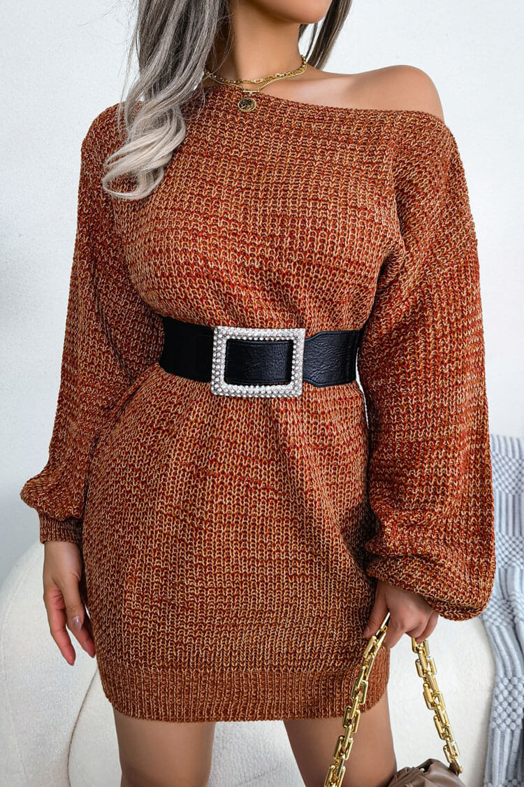 Vintage Boat Neck Long Sleeve Marled Knit Sweater Mini Dress - Coffee