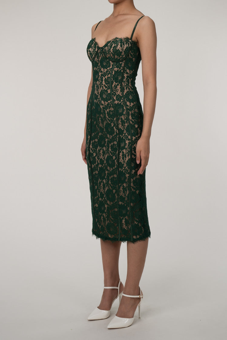 Vintage Eyelash Sweetheart Bodycon Lace Cocktail Midi Dress - Green