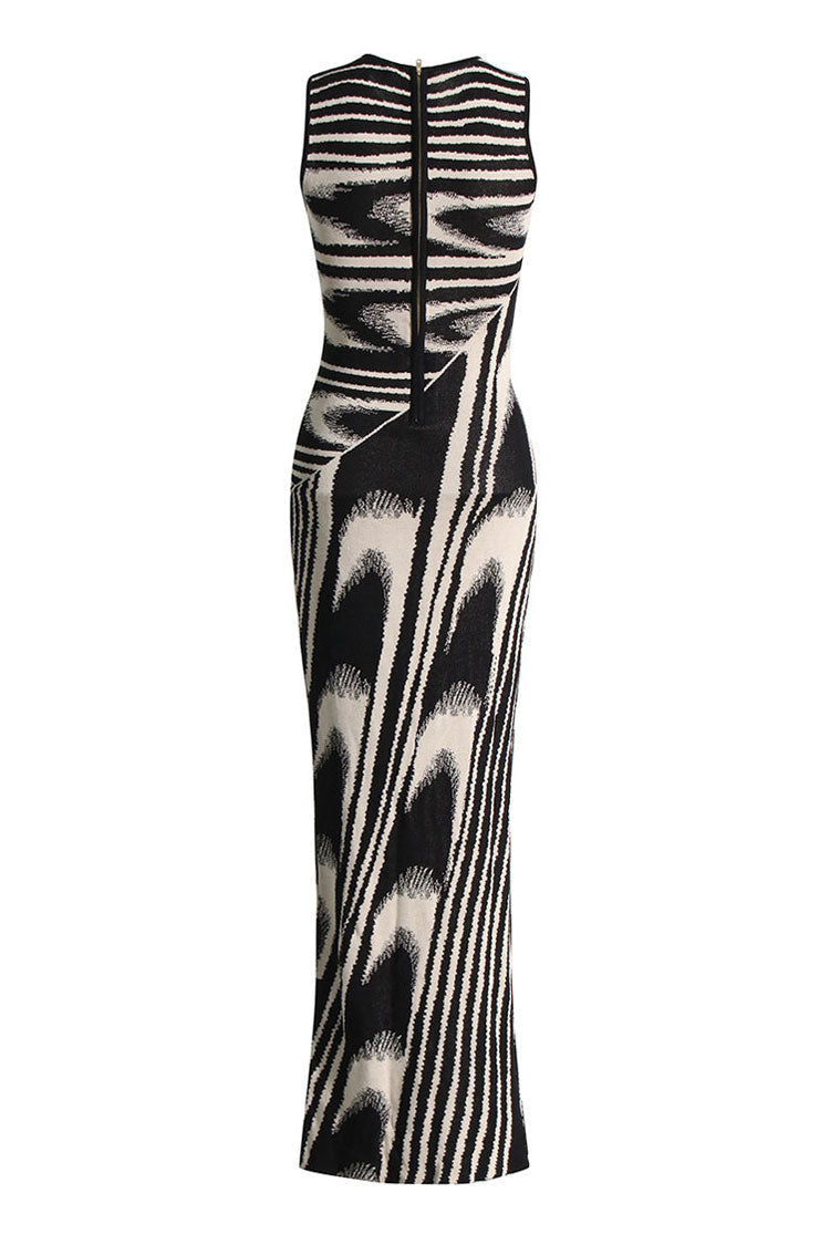 Vintage Geometric Print Crew Neck Sleeveless Bodycon Sweater Maxi Dress