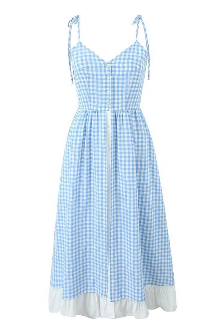 Vintage Gingham Printed Tie Strap Button Up Tiered Ruffle Midi Sundress