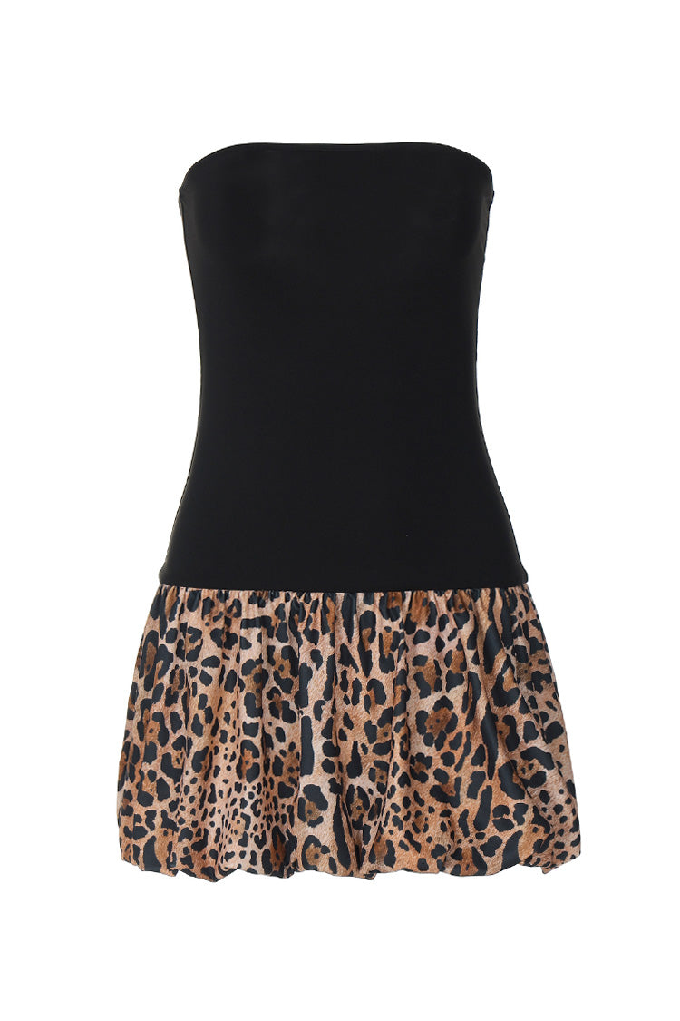 Vintage Strapless Contrast Leopard Panel Drop Waist Bubble Party Mini Dress