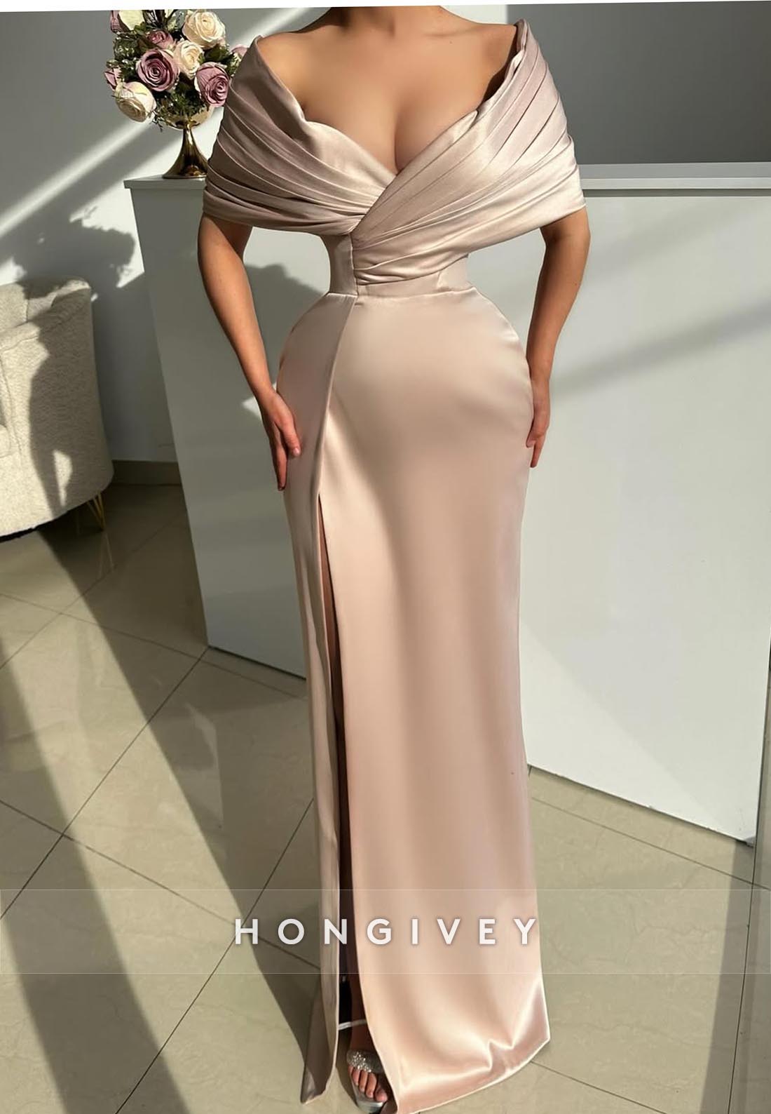 Champagne Satin Offshoulder Pleats Mermaid Long Prom Dresses With Split