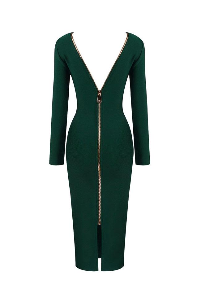 Zip Back Deep V Long Sleeve Cocktail Party Midi Dress - Emerald Green